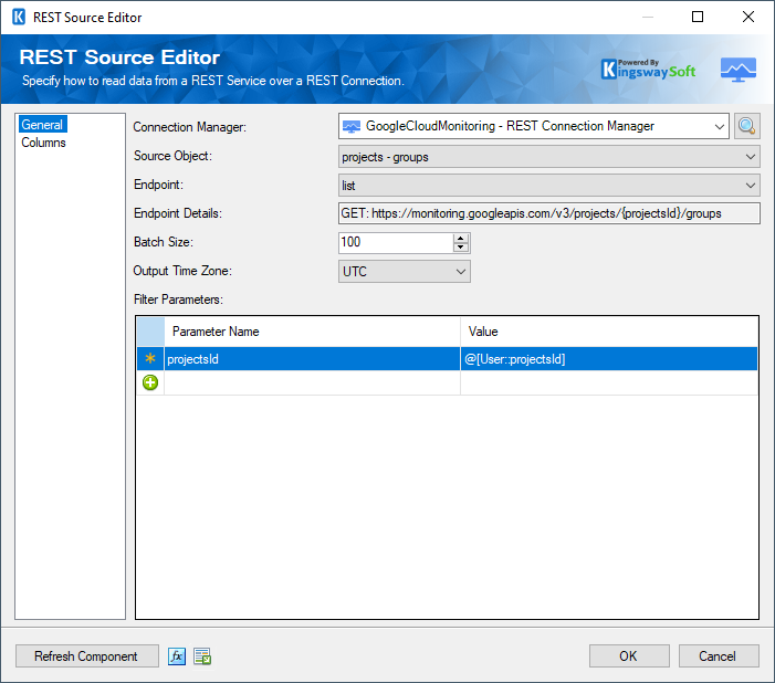 Google Cloud Monitoring Rest Source Component - General